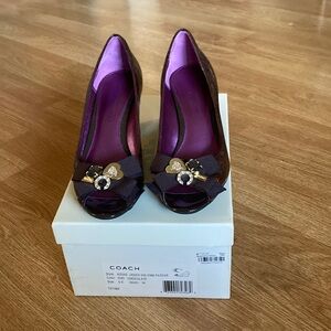 Jaden Metallic leather Coach chocolate wedges shoes with a brown bow.